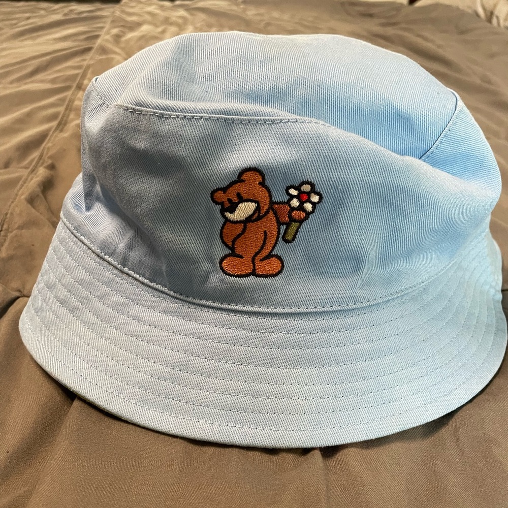 Light Blue Bucket Hat with Bear Embroidery